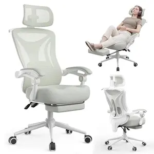 Light grey CYKOV reclining office chair with footrest and adjustable lumbar