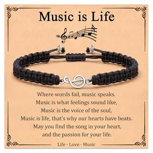 Handmade woven music note bracelet with adjustable nylon cord and gift packaging