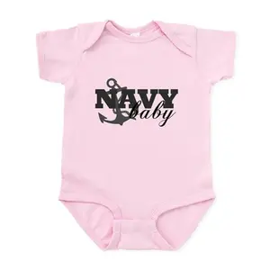 Baby wearing Navy Baby bodysuit with anchor and star graphics on white
