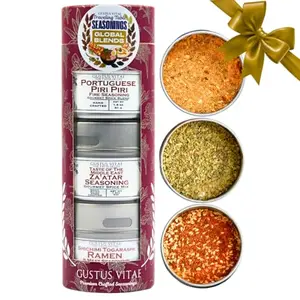 Gustus Vitae three magnetic spice tins on a metal surface