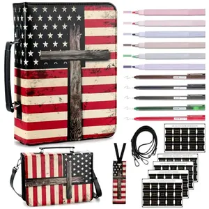 Justforjoyful American Flag Leather Bible Cover with 19-piece kit including pens, highlighters, and leather bookmark