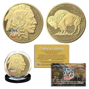 America 250th Anniversary 1776-2026 American Indian Head Buffalo Golden Proof Privy Medallion Coin