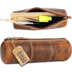 Leather Town full grain leather zippered pen pouch in brown