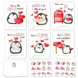 Penguin-themed Valentine's Day cards with envelopes and a sheet of cute stickers