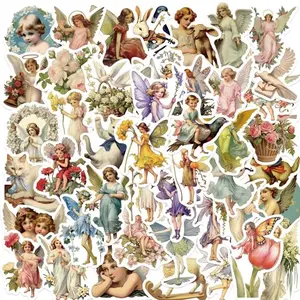 Set of 50 vintage fairy stickers with oil painting style angels and woodland scenes