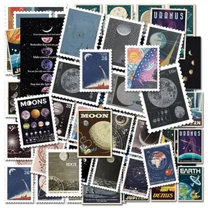 TSHIRTAMAZING vintage astronomy stamp stickers resembling old postage stamps with celestial designs on a planner