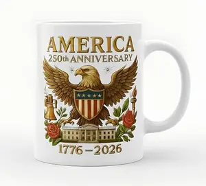 Pure Compression 250th anniversary coffee mug with guarding eagle and American flag design on a white background