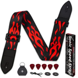 Qivorimith red guitar strap with leather pick box and included guitar picks