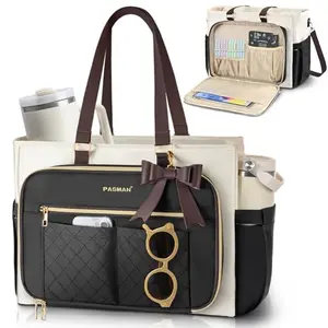 Teacher tote bag with multiple pockets and detachable bow charm
