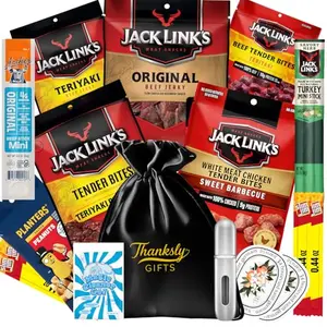 Thanksly Gifts ultimate beef jerky gift basket with meat snacks and cheese in a jute bag