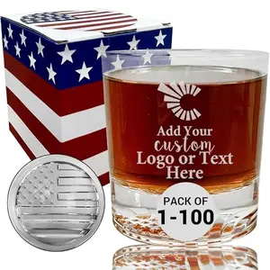 Customizable Whiskey Glass with American Flag Bottom and Engraved Logo