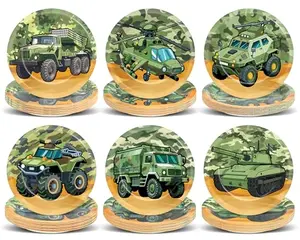 Afniimyapt camouflage paper plates stacked on a picnic table for a casual baby shower