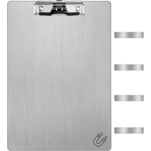 Silver Seajan magnetic clipboard holding multiple sheets on a refrigerator