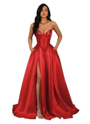 Red sequin and satin corset prom dress with A-line skirt and slit