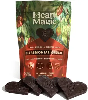 Heart Magic ceremonial cacao heart-shaped solids in elegant packaging
