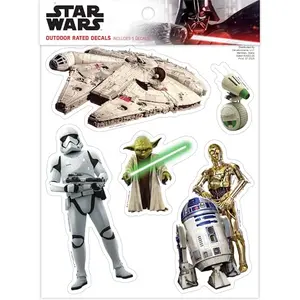 Set of 5 Star Wars decals including Yoda and R2-D2 on car bumper