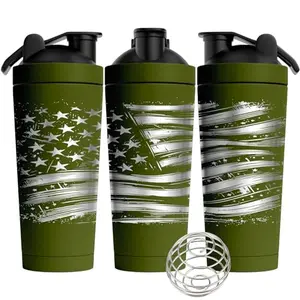 Flaskimo 25oz Double-Wall Insulated Stainless Steel Protein Shaker with Laser Engraved Waving US Flag