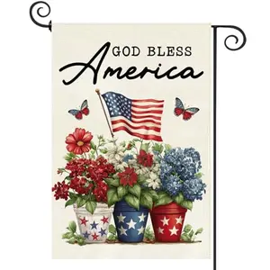 Baccessor God Bless America 12.5x18 inch double-sided burlap patriotic garden flag with red, white, and blue floral design and American flag on mailbox post