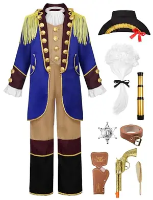 Boy in blue colonial costume with wig and hat holding telescope