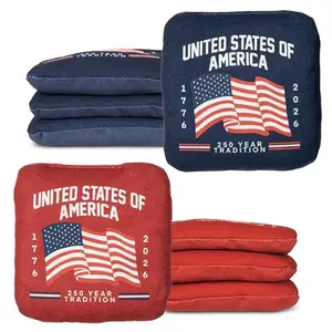 Play Platoon 250th anniversary cornhole bags with blue and red design on a wooden board