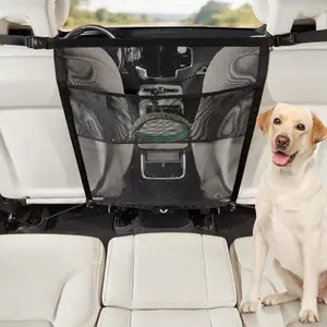 Veitail dog car net barrier with mesh storage pocket, installed between front seats of an SUV