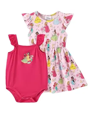 Baby girl outfit set: pink dress over white bodysuit with Disney princess embroidery, ruffle sleeves