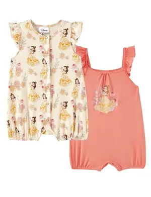 Two baby sleepers with Disney Belle designs, ruffle sleeves, and snap closures on a white background