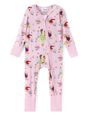 Long sleeve pink footed romper with multi-princess prints and front zipper for baby girl