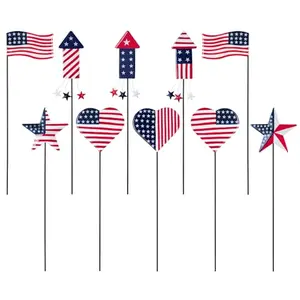 Set of 10 multi-colored metal firework pattern garden stakes in red, white, and blue