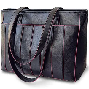 Premium vegan leather tote with trolley sleeve and multiple pockets