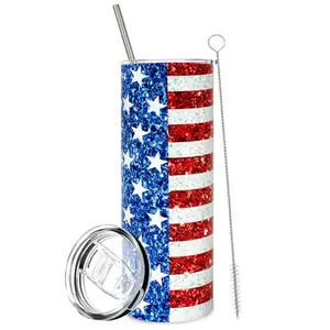 Whaline 20oz red white blue American flag tumbler with lid and straw, stainless steel insulated for hot beverages