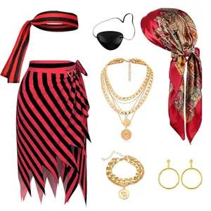 Red and black pirate skirt with layered necklace, bracelets, and bandanas