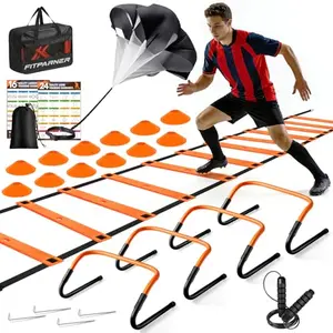 FITPARNER agility ladder training set with orange cones, yellow hurdles, ladder, and parachute on grass