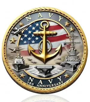 A gold-tone U.S. Navy 250th anniversary challenge coin with anchor and ship designs