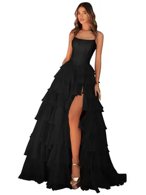 Black strapless prom dress with tiered chiffon skirt and thigh slit