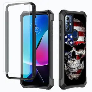BFDHGQZC protective Motorola case with skull and American flag, screen protector visible