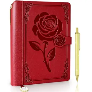 Vintage rose design PU leather journal with gold pen