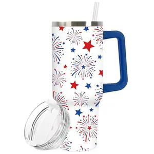 Whaline 40oz red blue firework star tumbler with handle and straw, stainless steel insulated for hot drinks