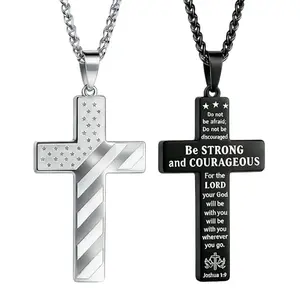 NoctisNest two-piece set of American flag stainless steel cross necklaces in silver and black