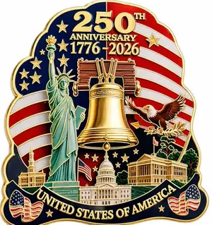 Gold-plated hard enamel magnet featuring Liberty Bell, Statue of Liberty, and American flag