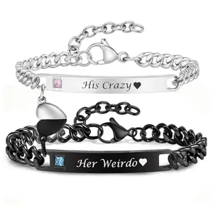 Black and silver Cuban link chain bracelets with magnetic heart charm and funny engraving