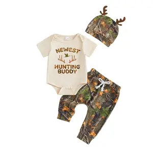 Camo baby romper set with matching pants and hat on a white background
