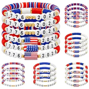 24 American flag beaded bracelets in various styles on a display