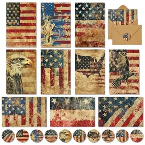Whaline 50-pack vintage patriotic greeting cards with envelopes, stickers, and glue stick on rustic wood background