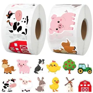 1,200 piece farm animal sticker roll with 12 designs, including pigs, ducks, chicks, cows, sheep, and rabbits