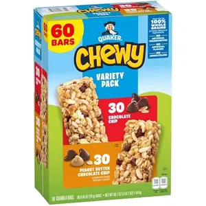 Quakar Chewy Granola Bar variety pack 60 count with chocolate chip and peanut butter chocolate chip flavors