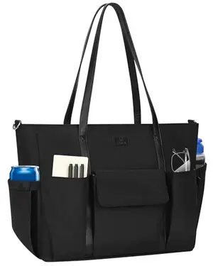 Large black nylon tote with multiple front pockets and padded laptop compartment