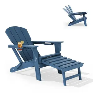 Navy blue adjustable Adirondack chair with ottoman on a deck overlooking a lake