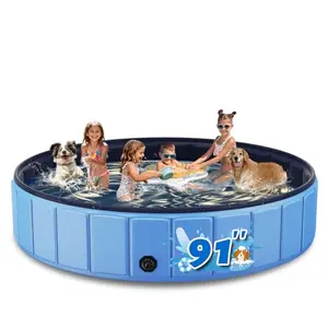 Oversized blue dog pool with a giant breed dog relaxing