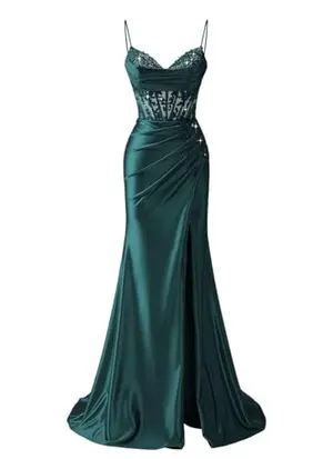 Peacock satin mermaid dress with lace embroidery and spaghetti straps